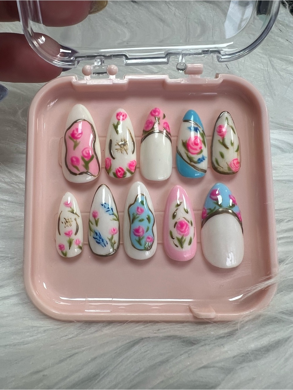 Floral Pink & Blue Hand-Painted Press-On Nails